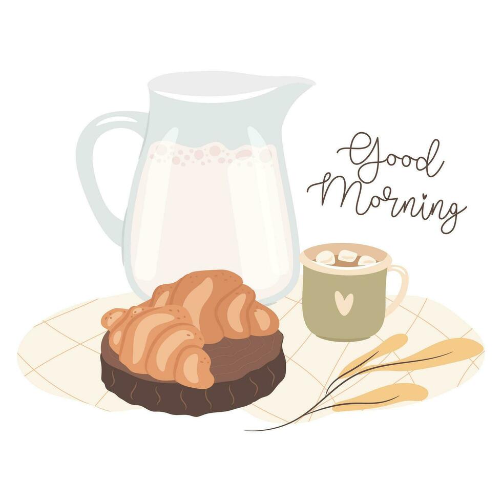Good morning. Coffee and croissants. Cozy autumn days concept. Vector illustration