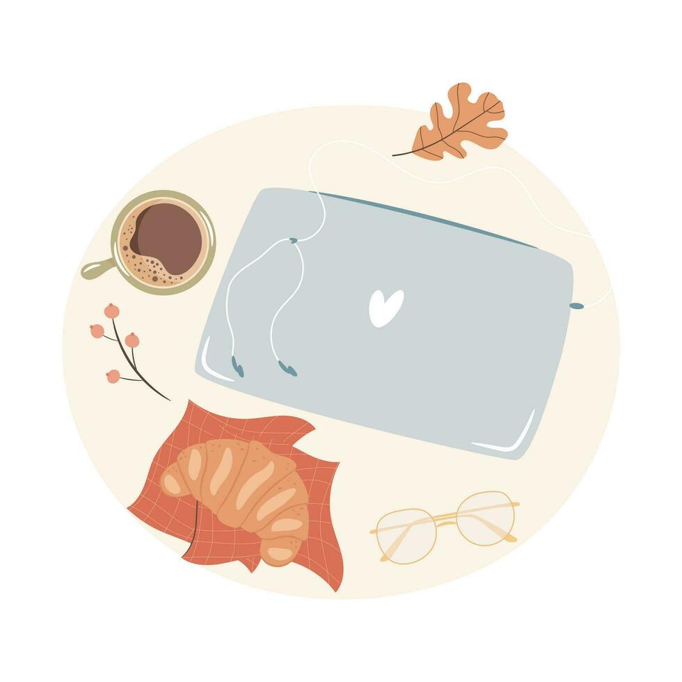 Laptop and hot cup of coffee. Cozy autumn working days concept. Vector illustration