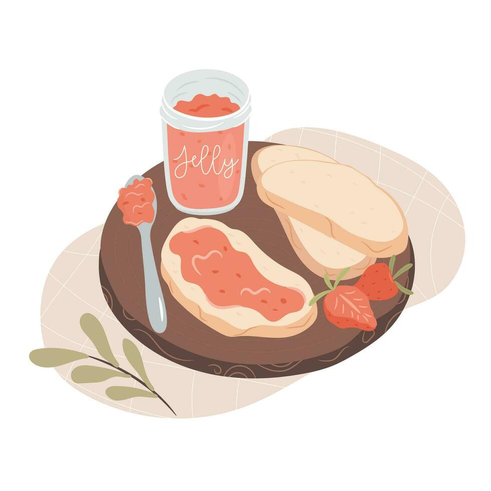 Strawberry jelly and toasts on a wooden tray. Morning breakfast concept. vector