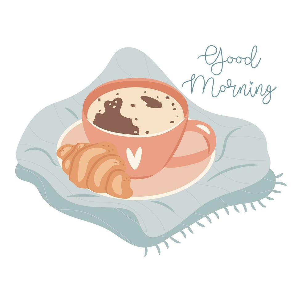 Morning coffee and croissants. Cozy sweater weather autumn days concept. vector