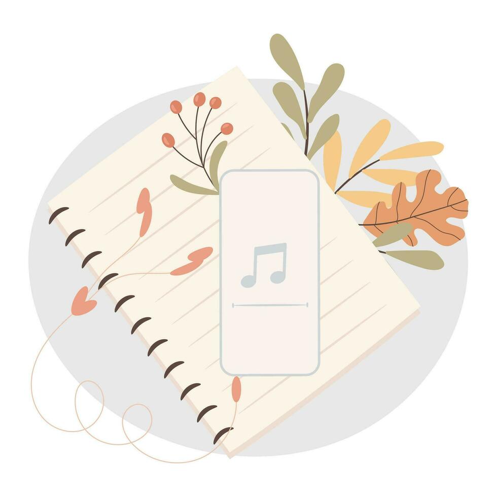 Smartphone playing music. Break time. Cozy autumn working days concept. vector