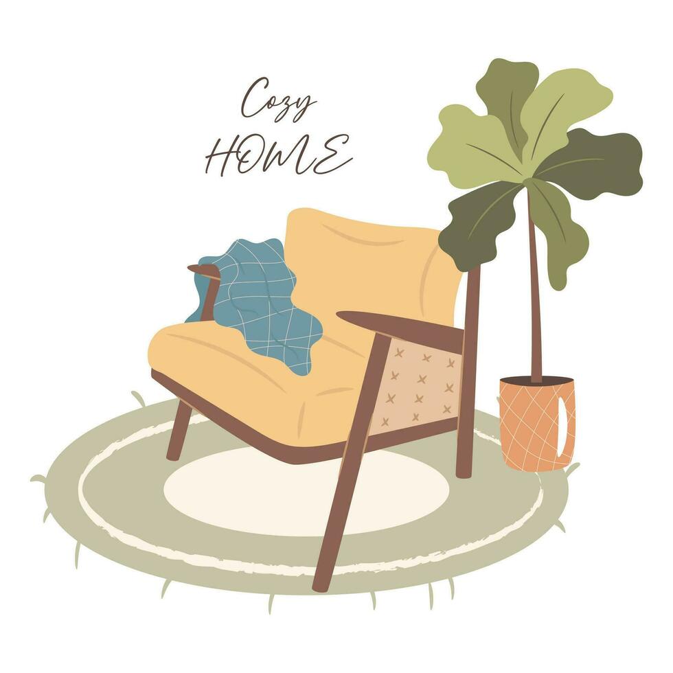 acogedor hogar concepto. Sillón con libro y planta. vector