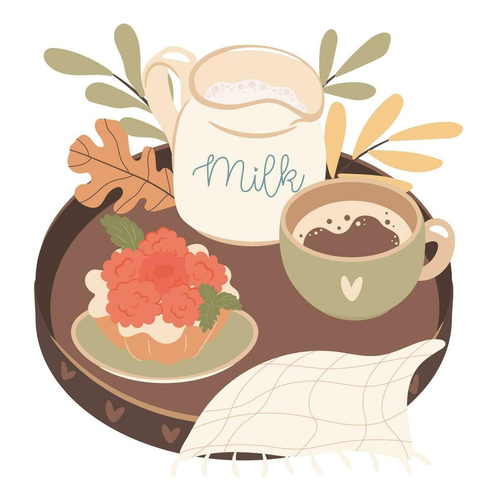 Milk and coffee on the wooden tray, with raspberry cupcake. Cozy autumn morning breakfast concept. vector