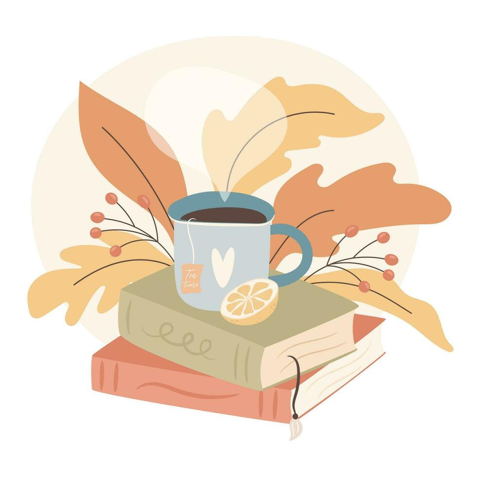 Reading time. Cup of tea on pile of books. Cozy autumn days concept vector