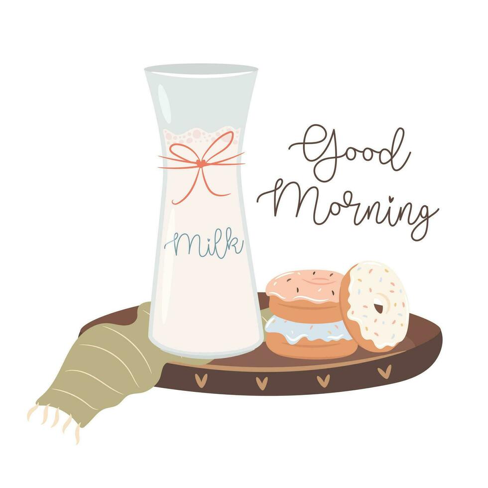 Good morning. Milk and doughnuts on the wooden tray. Morning breakfast concept. Cozy autumn days concept. vector