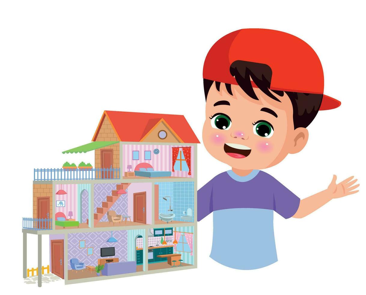 One cut cartoon house and children vector