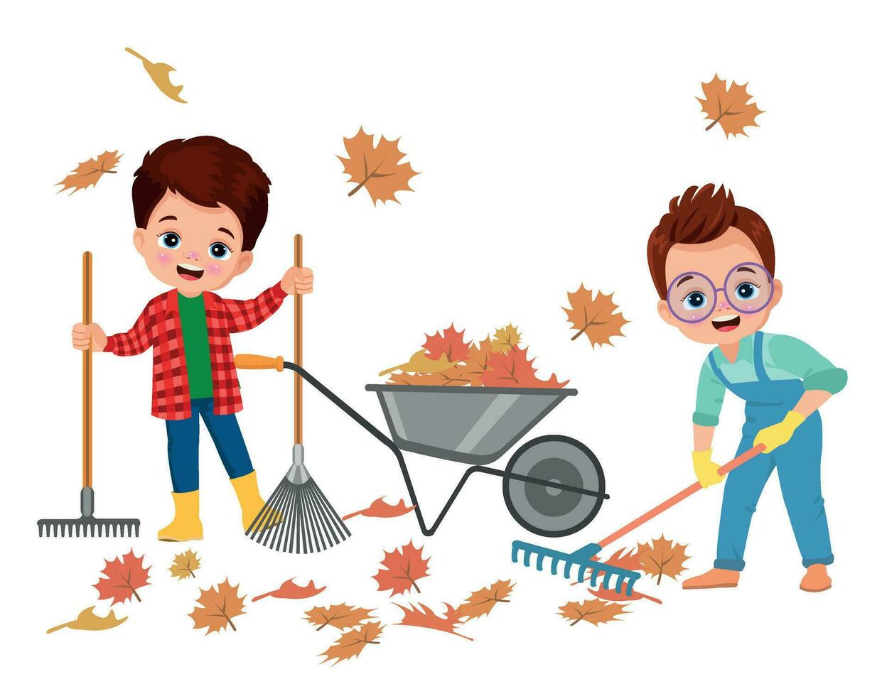 cute boy cleaning dried leaves vector