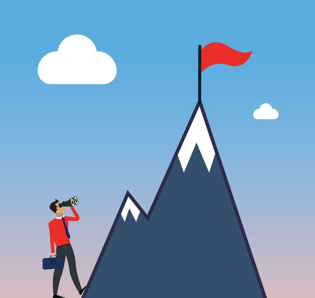Business man looking on mountain to achieve success, character start working concept vector