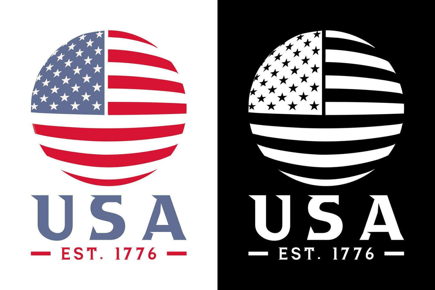 United States of America est. 1776 and flag, USA flag silhouette, USA flag in earth shape vector illustration