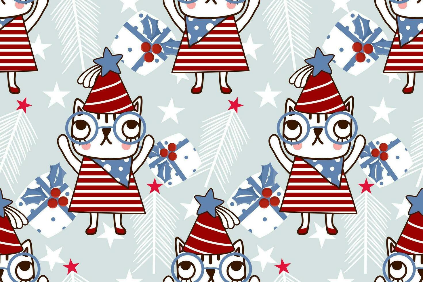 Christmas seamless pattern on blue background.seamless pattern of cat,gift,tree,star.cartoon character hand drawn vector illustration.merry Christmas concept.design for texture,fabric,clothing,print.
