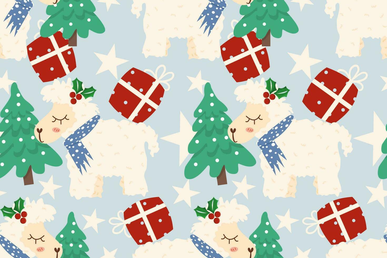Christmas seamless pattern on blue background.seamless pattern of alpaca.gift,tree,star.cartoon character hand drawn vector illustration.merry Christmas concept.design for texture,fabric,clothing.