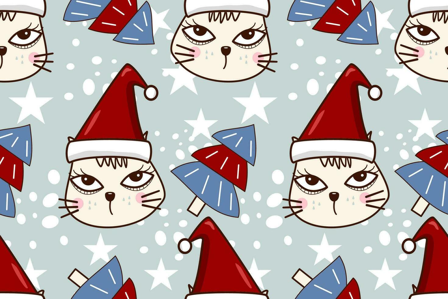 Christmas seamless pattern on blue background.seamless pattern of angry cat,tree,star.cartoon character hand drawn vector illustration.merry Christmas concept.design for texture,fabric,clothing,print.