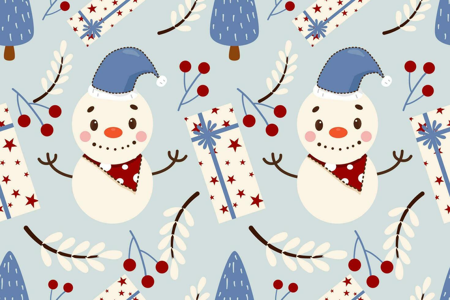 Christmas seamless pattern on blue background.seamless pattern of snowman,berries,gift,leaf.cartoon character hand drawn vector illustration.merry Christmas concept.design for texture,fabric,clothing.