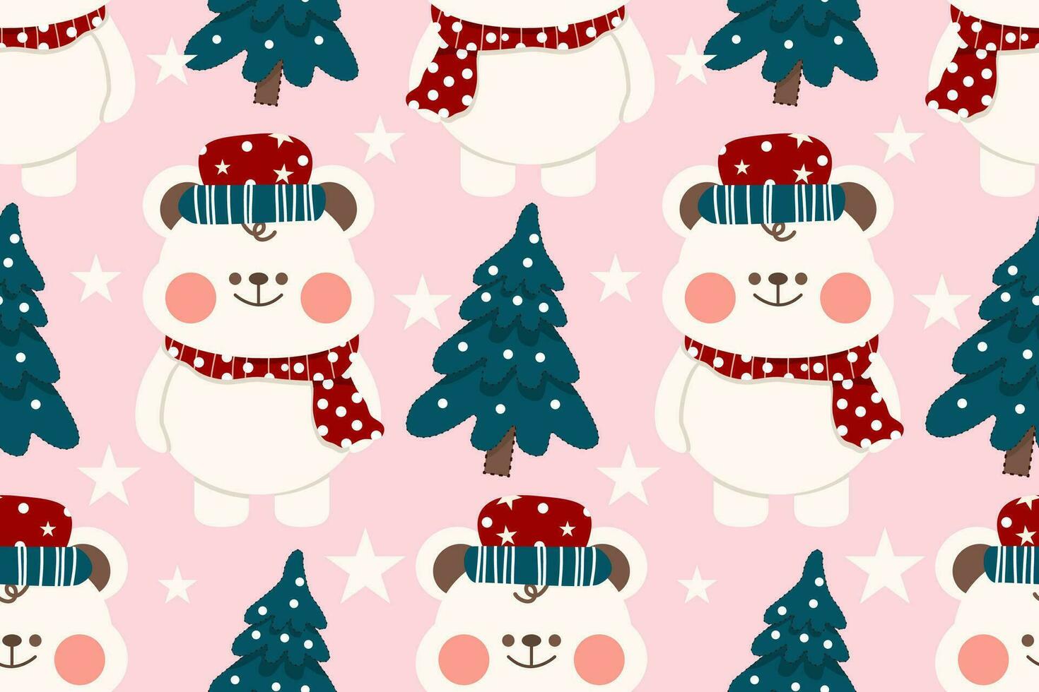 Navidad sin costura modelo en rosado fondo.sin costuras modelo de polar oso,árbol,estrella.cartoon personaje mano dibujado vector ilustración.feliz Navidad diseño conceptual para textura tela ropa, imprimir