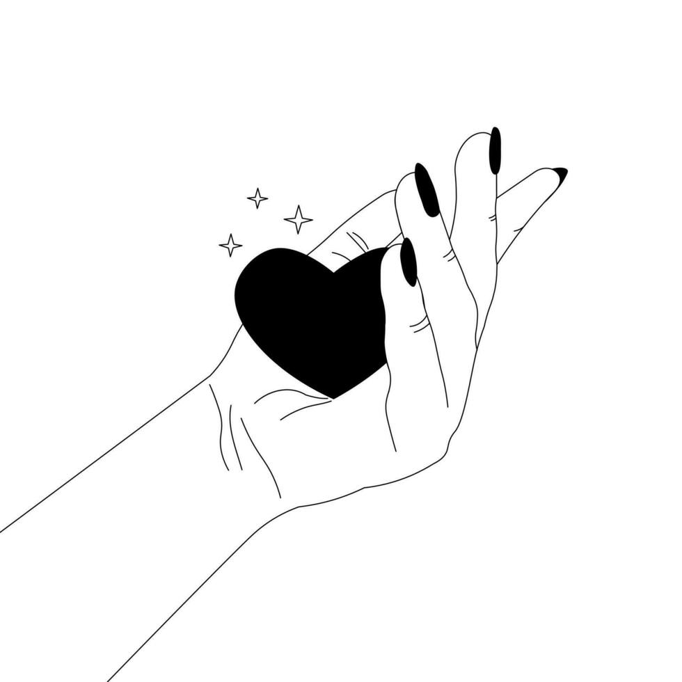 Heart in palm, made with love concept or organ donation, charity theme in minimalistic linear style for stickers or logo vector