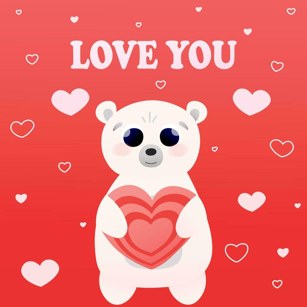 Polar bear character holding big pink heart, illustration for valentines card in cartoon style on red background, childish animal vector