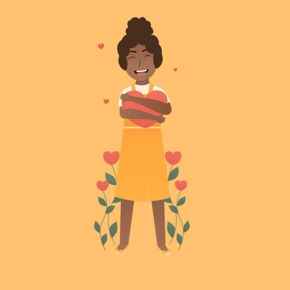 Little girl hugging giant heart in cartoon style, love yourself concept, love flowers growing on orange background vector