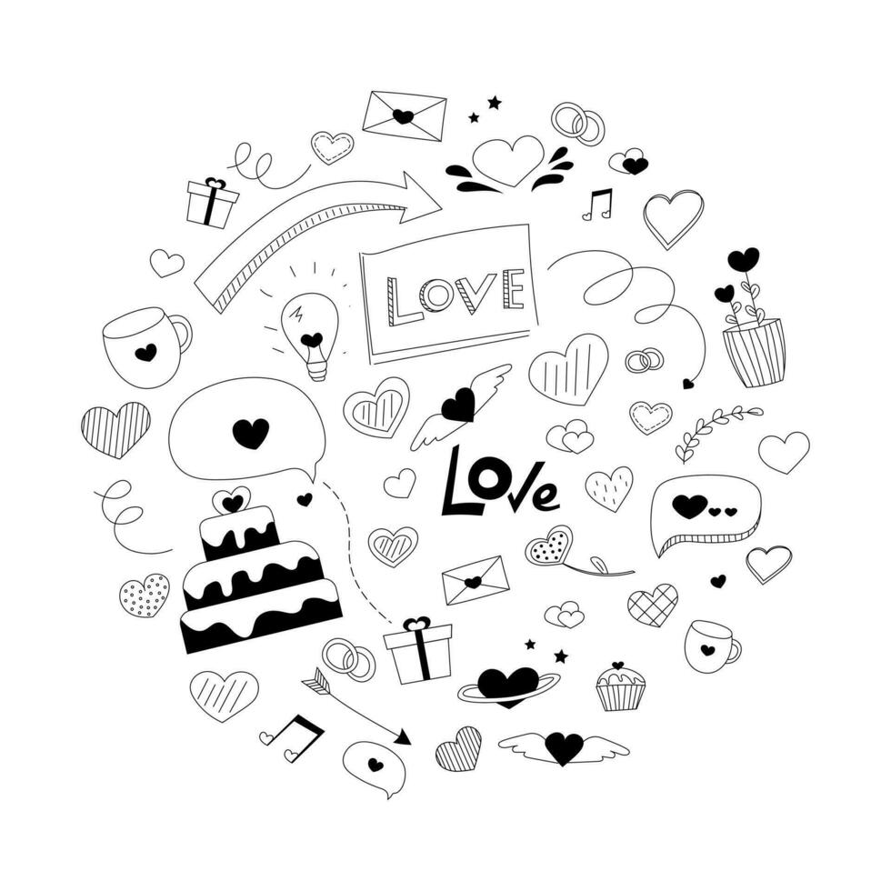 Love doodle elements set in circle - cake, hearts, lettering, messages, flowers, wedding icons, valentine card with hand drawn black icons on white background vector