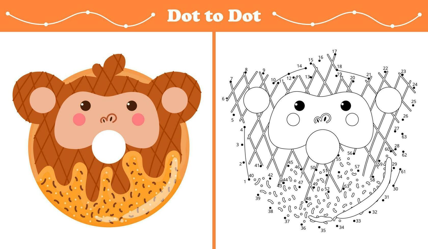 Educational coloring page with dot to dot puzzle for kids with monkey shape sweet donut in cartoon style, printable worksheet in childish style for children books vector