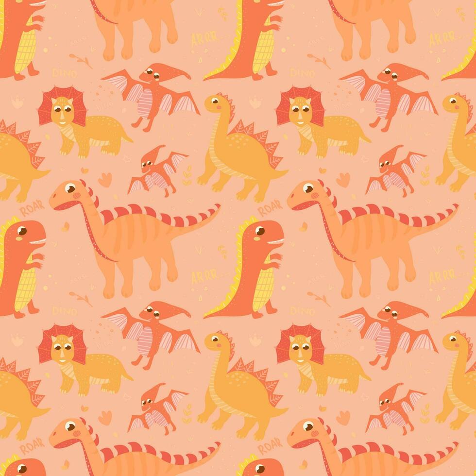 Seamless pattern with set of dinosaurs on lighr background with hand drawn elements, cute dino and lettering vector