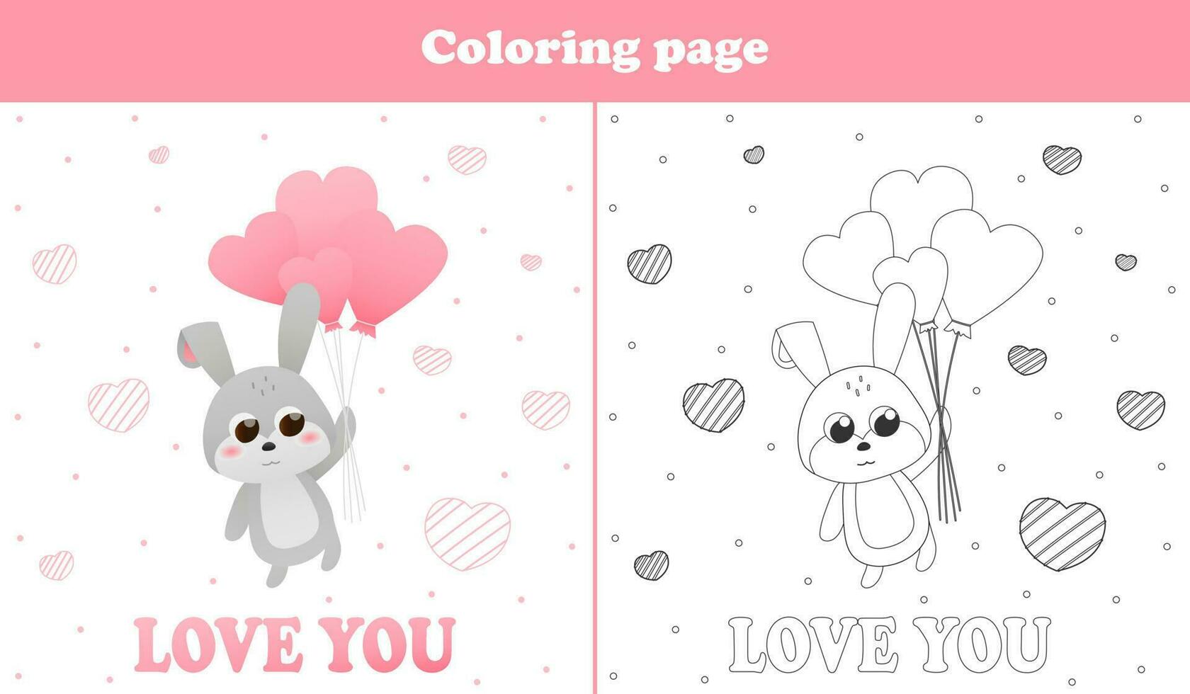 Printable worksheet with coloring page for valentine day with cute bunny character flying in sky vector