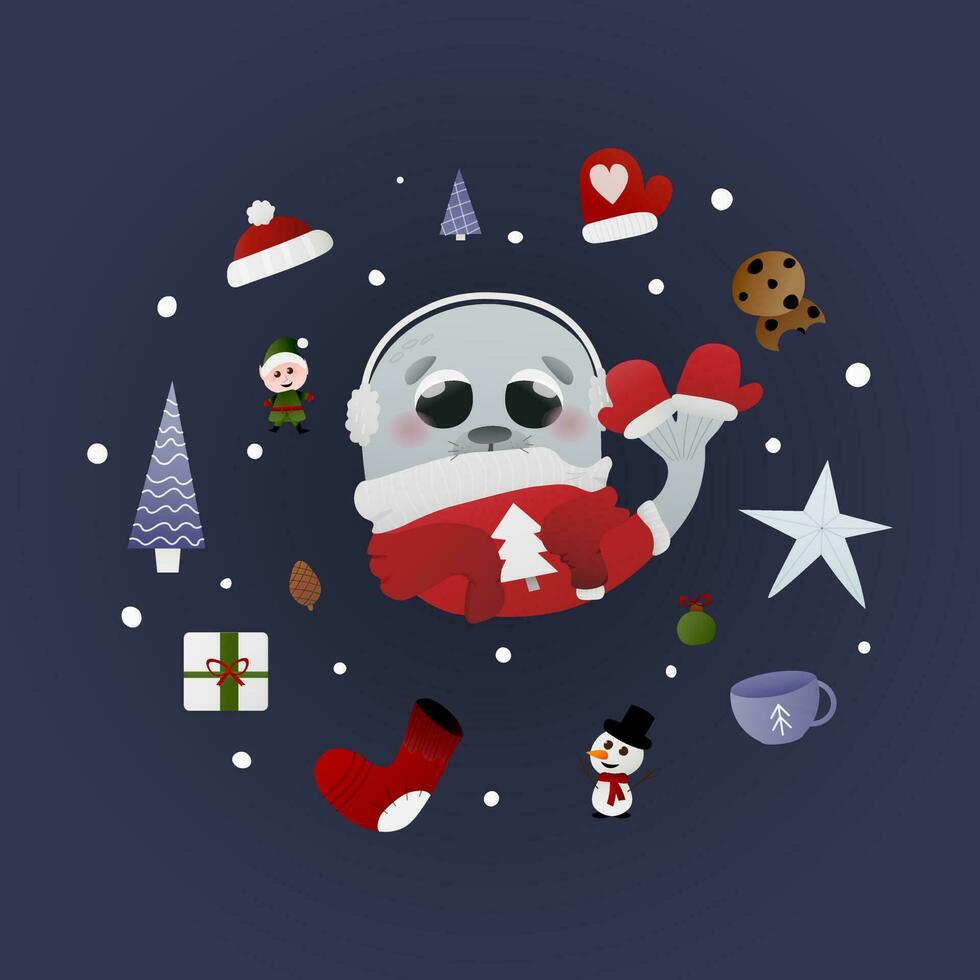 infantil morsa personaje en invierno feo suéter alrededor regalos, galletas y medias, Navidad atmósfera, circulo marco desde nuevo año símbolos, saludo tarjeta vector