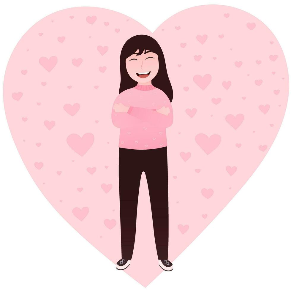 Smiling little girl hugging herself, love yourself concept in cartoon style, body positive illustration vector