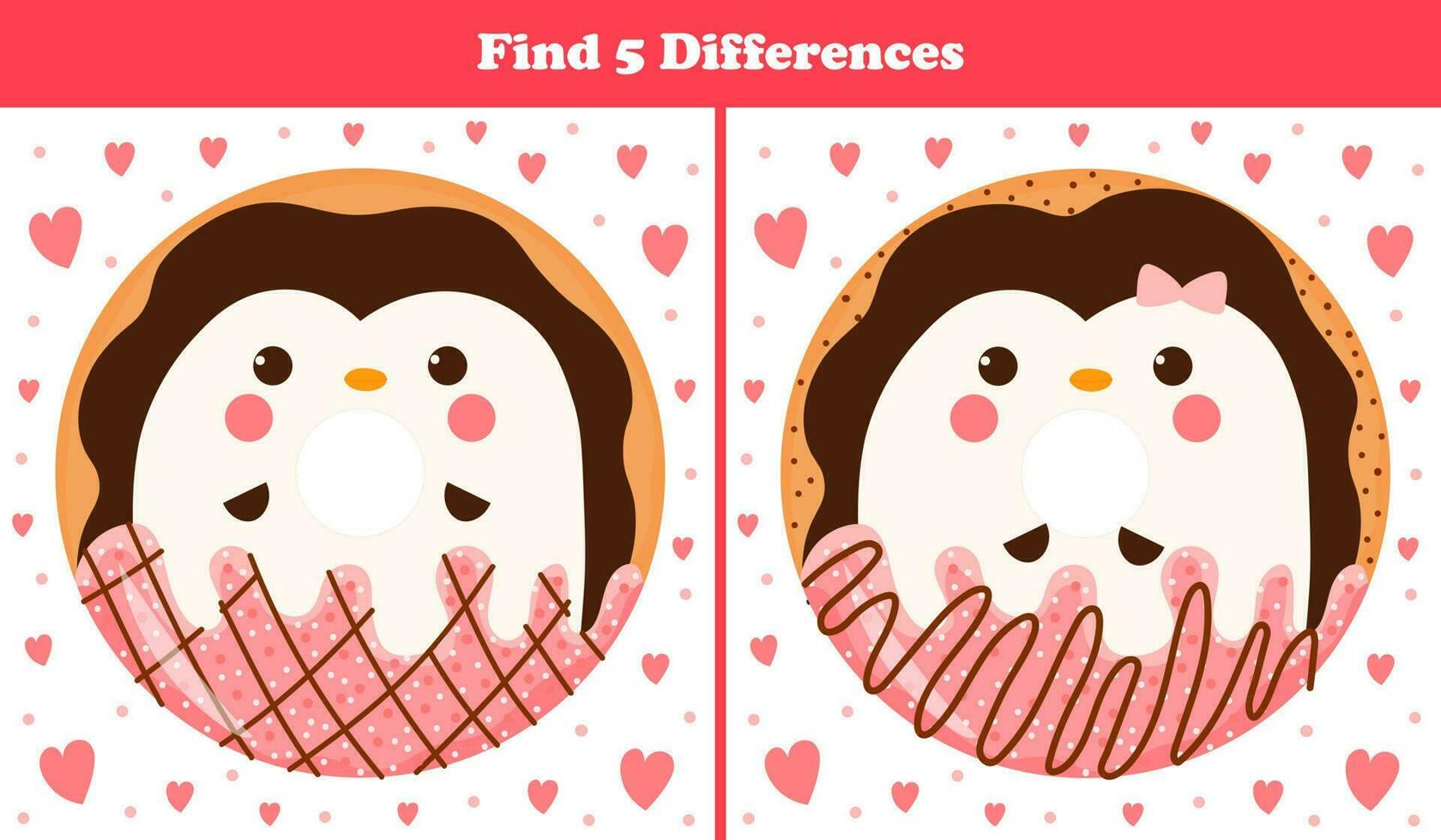 Educational find five differences puzzle for kids with cute animal donut - penguin sweets in cartoon style, printable game for children books vector