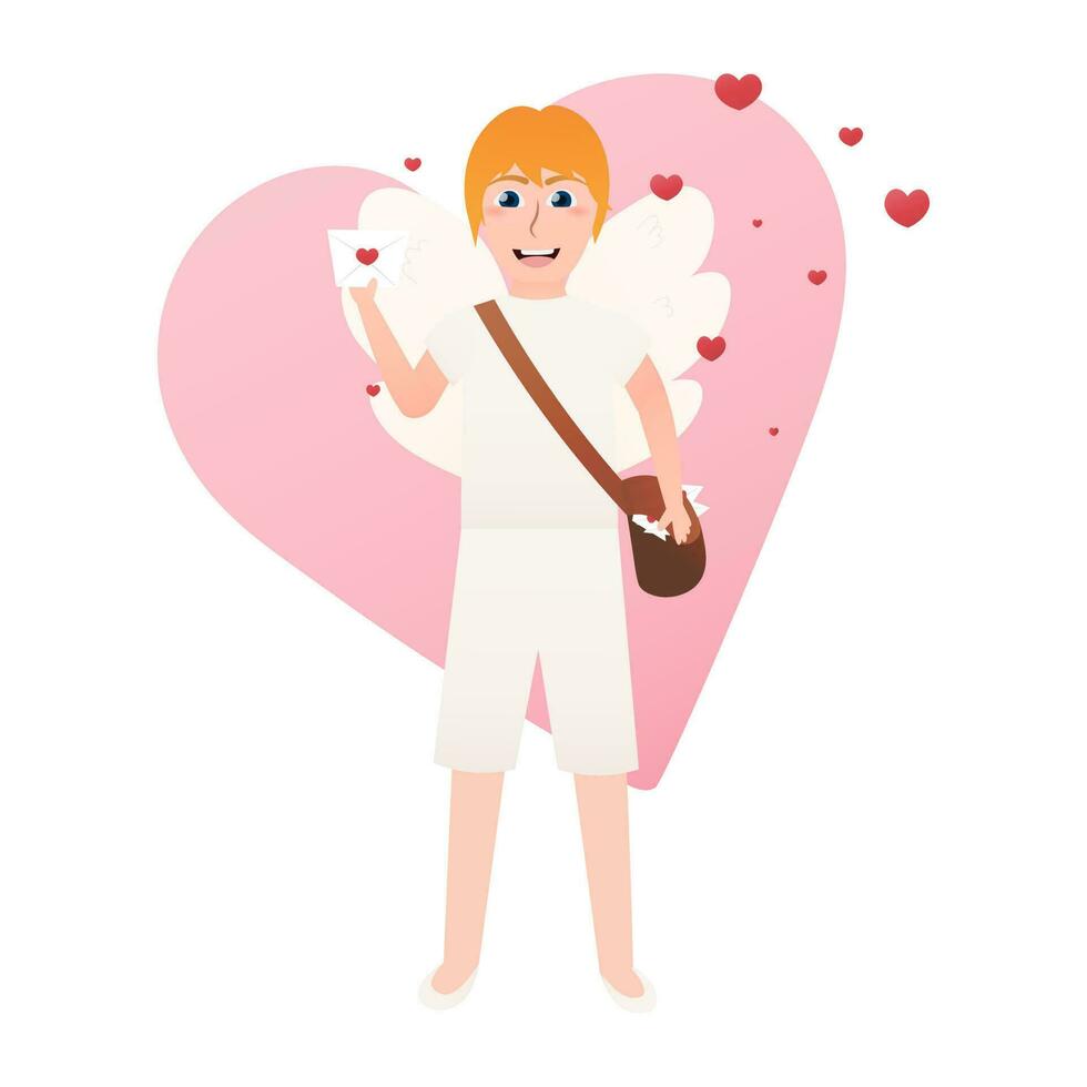 Little boy holding love letter or envelope, mascot of love, amour character for valentine day, adorable cupid with wings and bag with letters vector