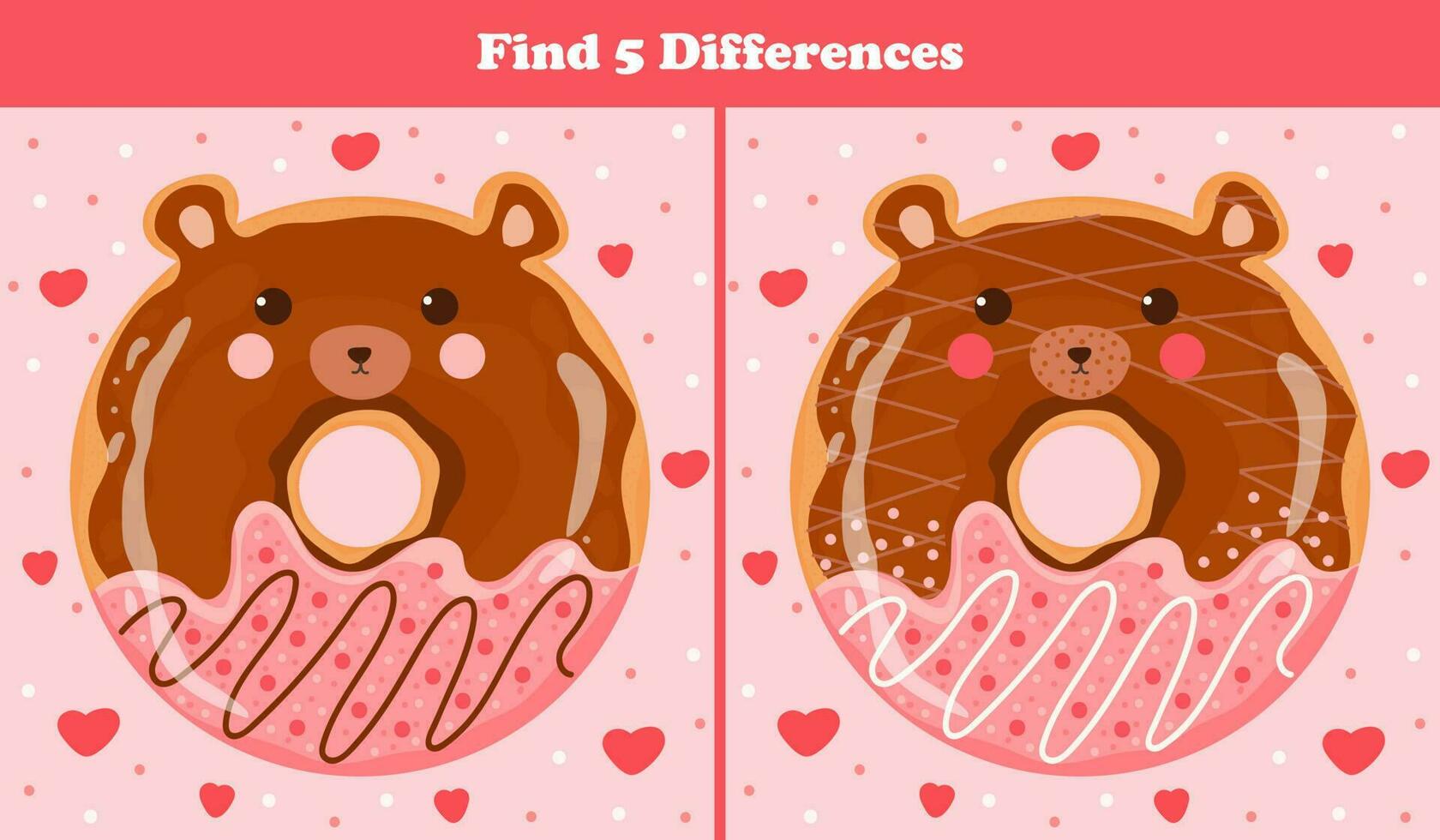 Educational find five differences puzzle for kids with cute animal donut - bear sweets in cartoon style, printable game for children books vector