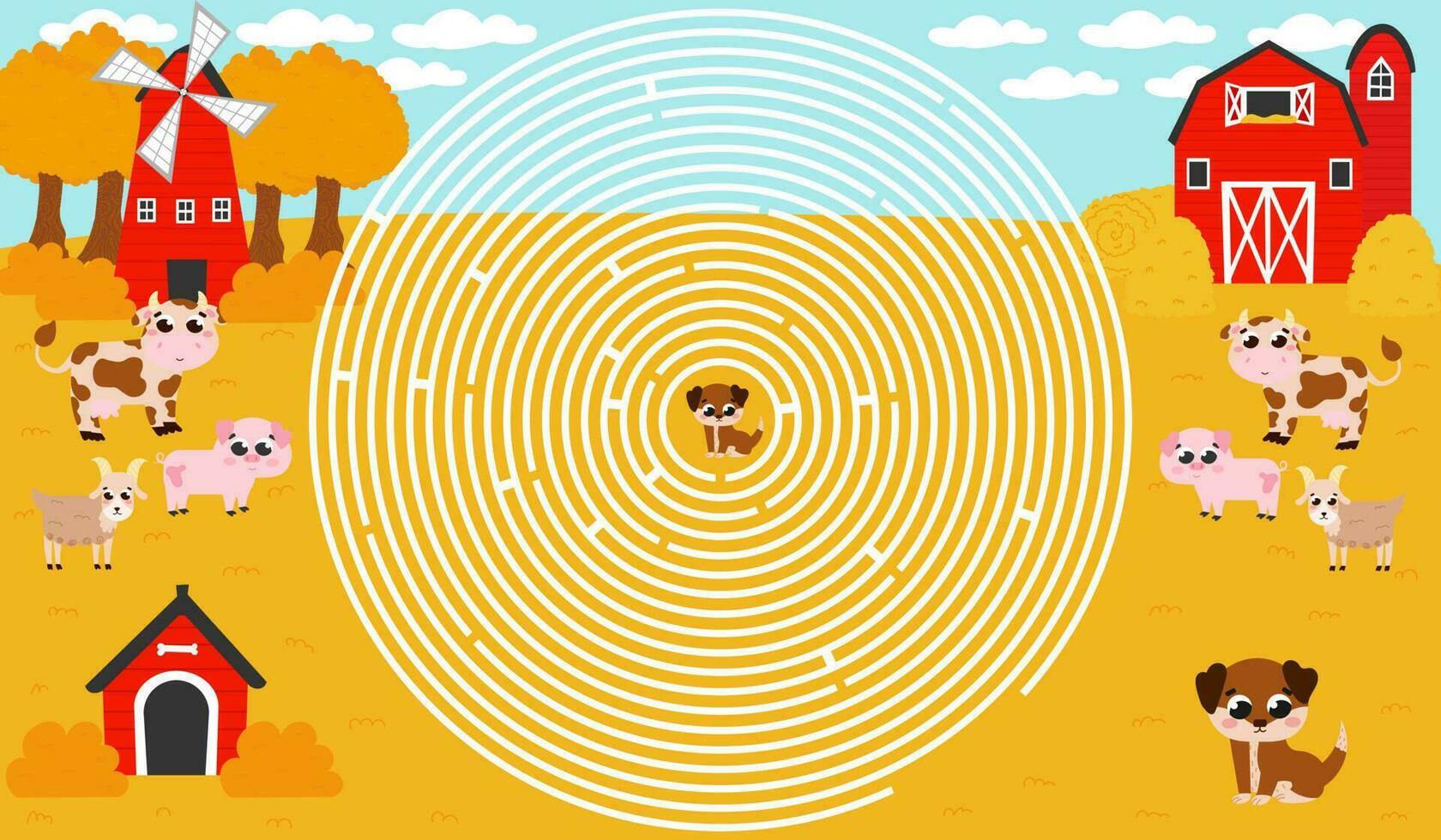 Circle maze in cartoon style, farm concept with barn and windmill, help to find right way to puppy vector