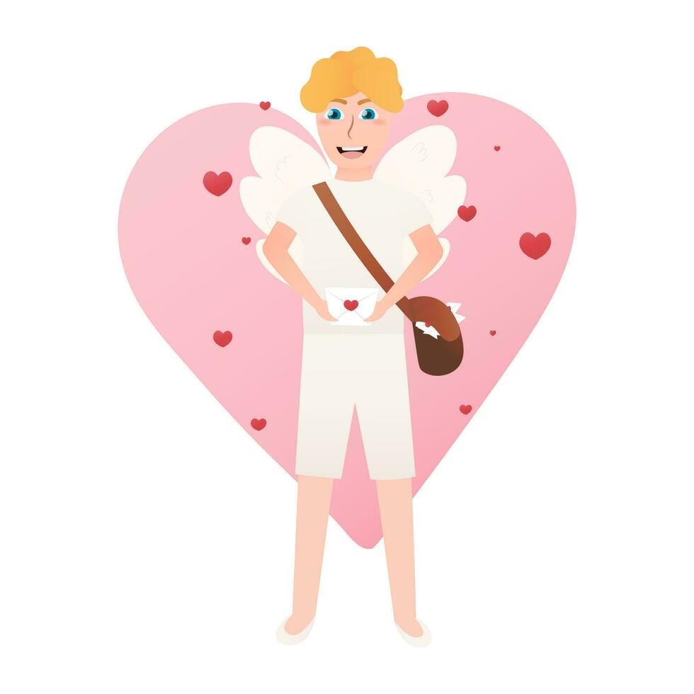 aventura amorosa personaje con alas y amor letras, chico participación sobre con bolso de letras, pequeño adorable Cupido para enamorado día vector