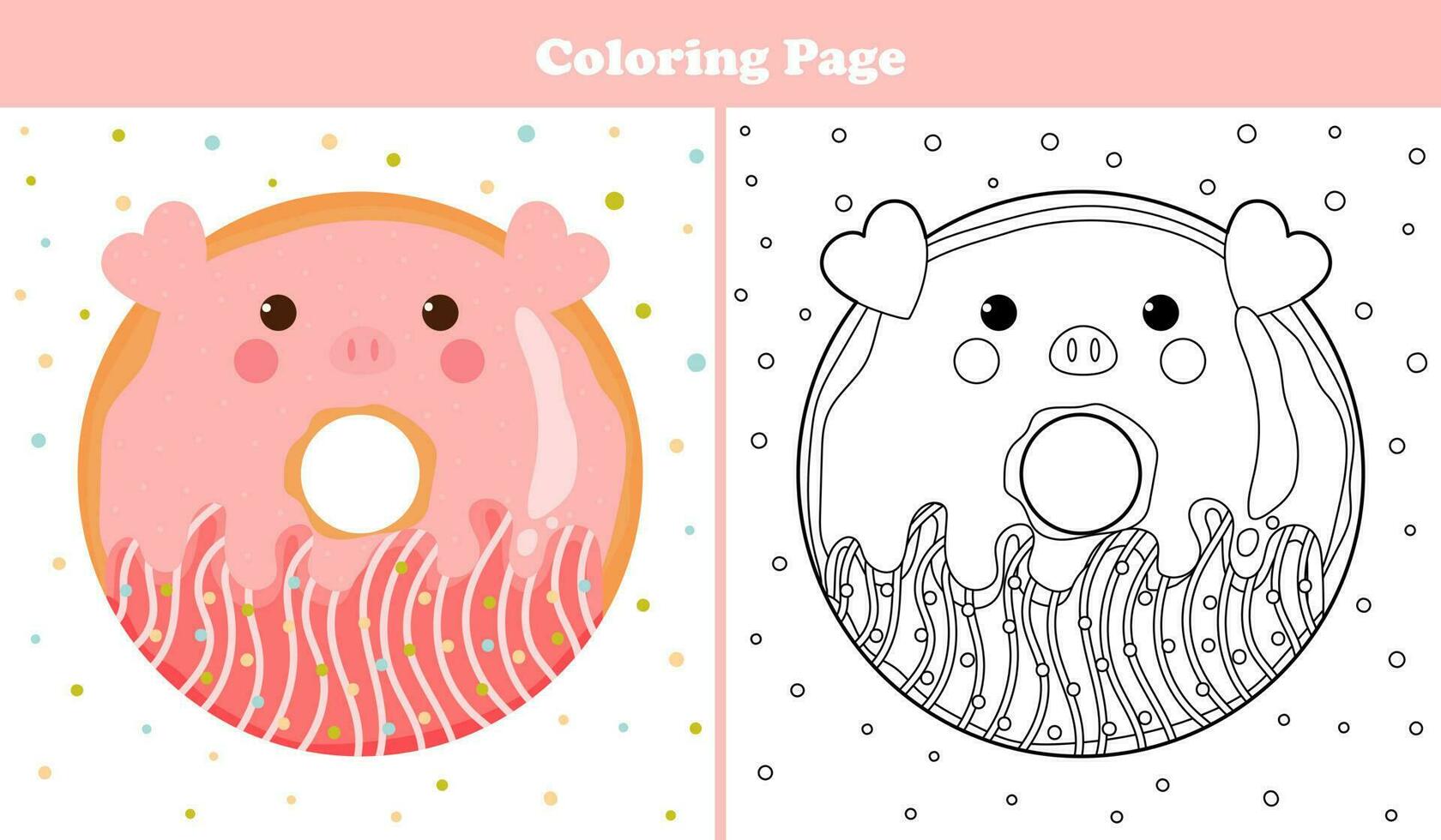 Printable coloring page for kids with sweet pig shape donut with icing and chocolate in cartoon style, game for children books vector