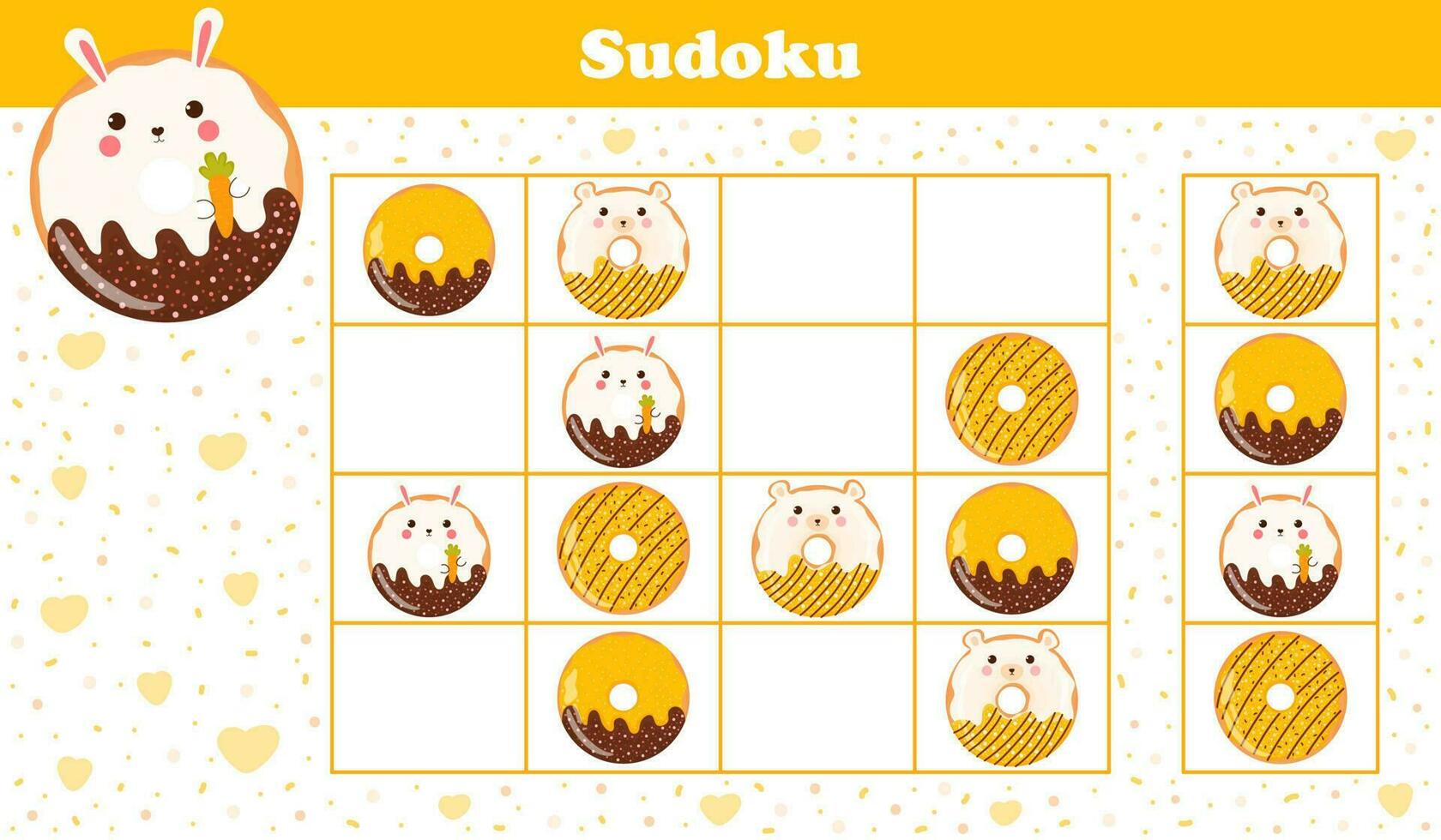 imprimible sudoku hoja de cálculo para niños con linda animal rosquillas con conejito y oso, rompecabezas para niños libro en dibujos animados estilo vector