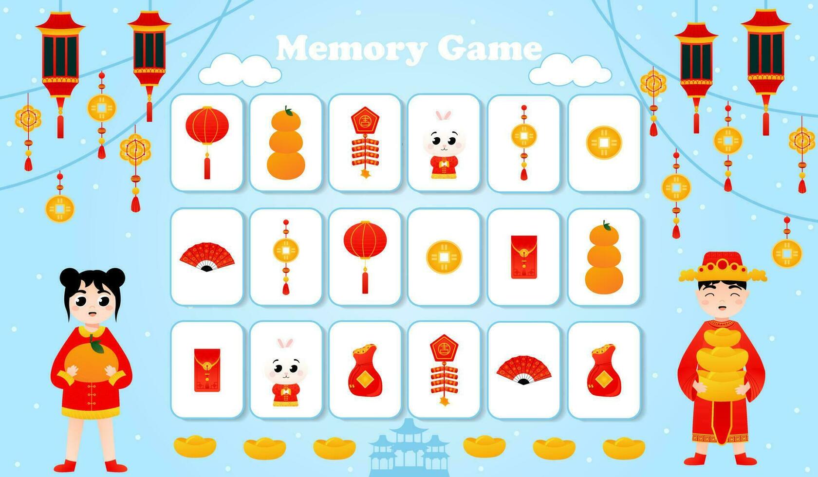 Memory game for kids with lunar new year elements concept, printable worksheet for kid is cartoon style, girl with tangerine and boy with ingots on blue background vector