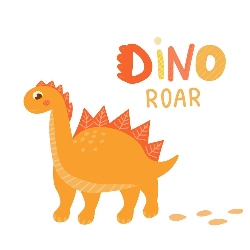 Cute baby dinosaur for children books on white background, dino baby character with scandinavian style lettering vector