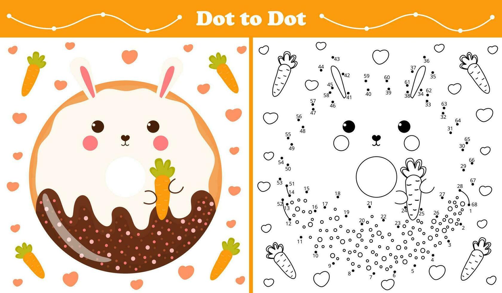 Educational coloring page with dot to dot puzzle for kids with bunny or rabbit shape sweet donut in cartoon style, printable worksheet in childish style for children books vector