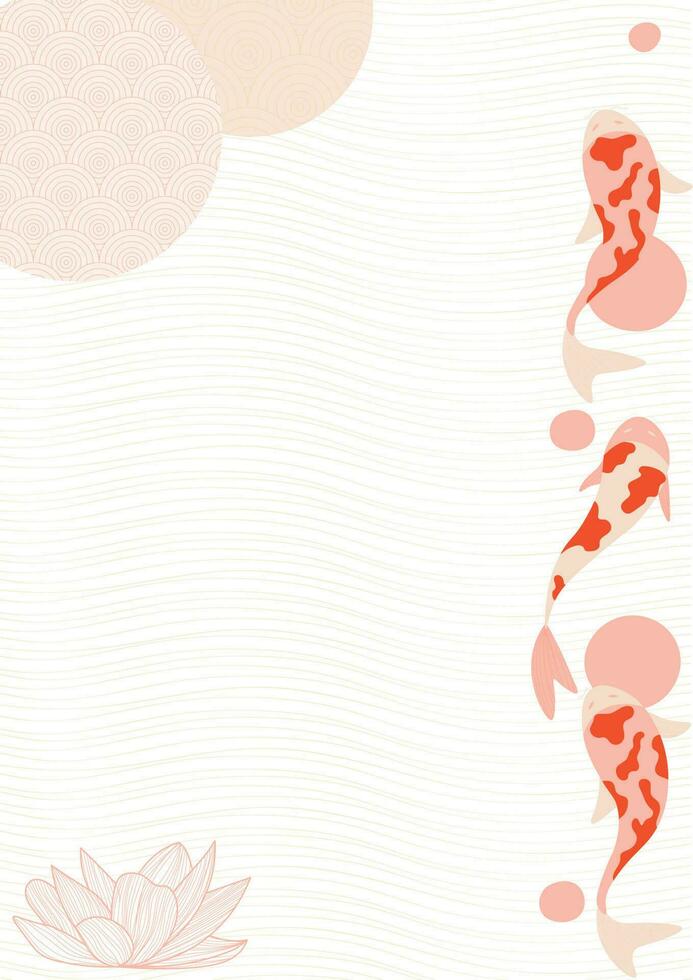 Koi fish banner background with japanese wavw circle pattern, line art design, colorful oriental backdrop vector