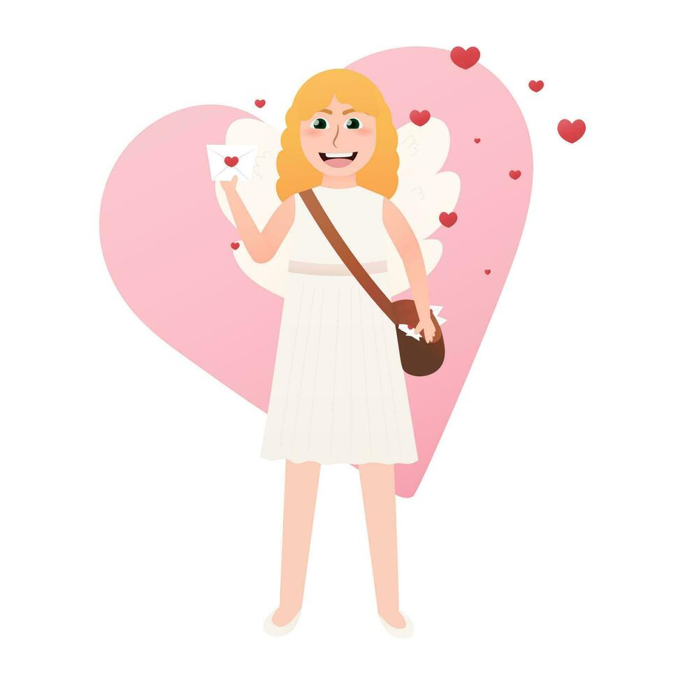 amor ángel con letra y bolso con sobres en pie en corazón fondo, enamorado día mascota con alas, bebé personaje en dibujos animados estilo vector