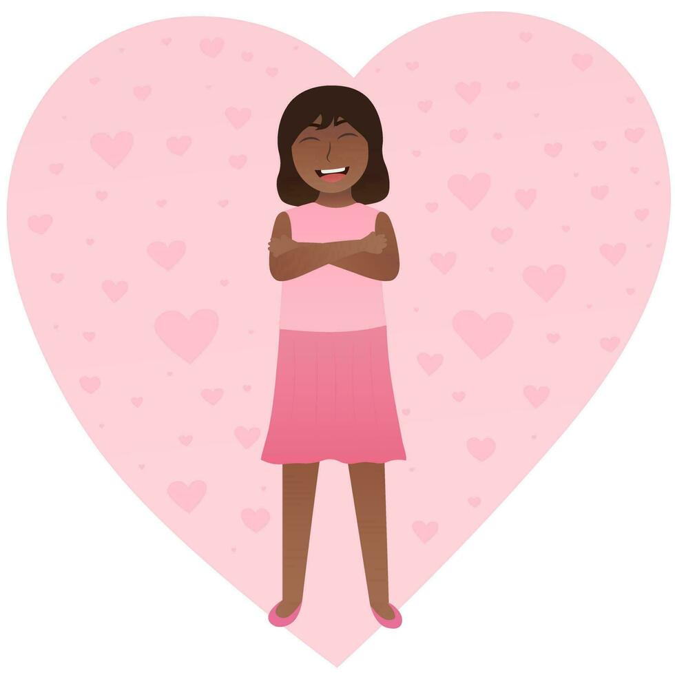 Cute african girl embracing herself, body positive concept, love your body, kid self care vector cartoon style
