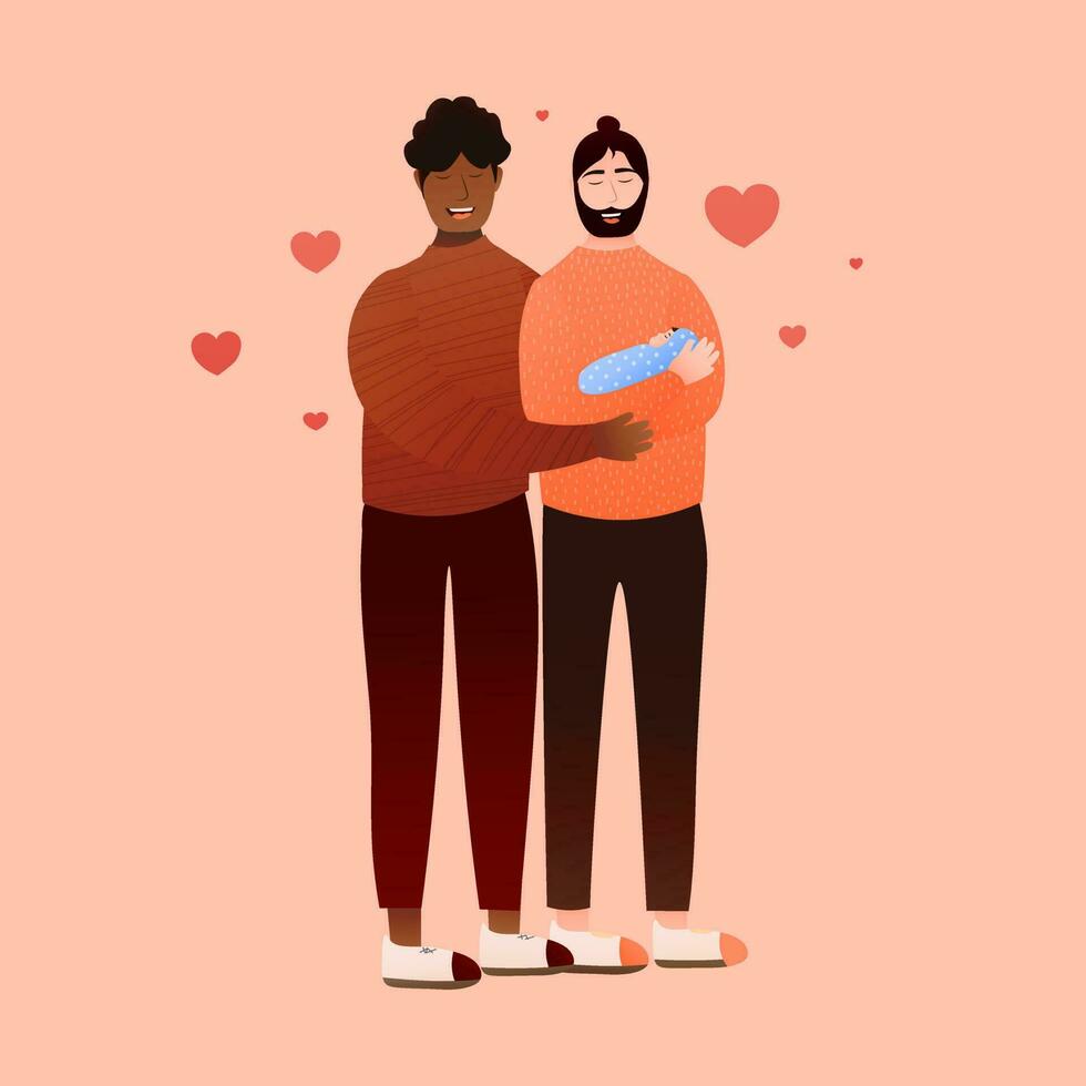 contento Pareja de gay adoptando recién nacido chico, paternidad, lgbt familia con bebé, padres día o enamorado saludo tarjeta, vistoso vector ilustración en dibujos animados estilo, romántico relaciones