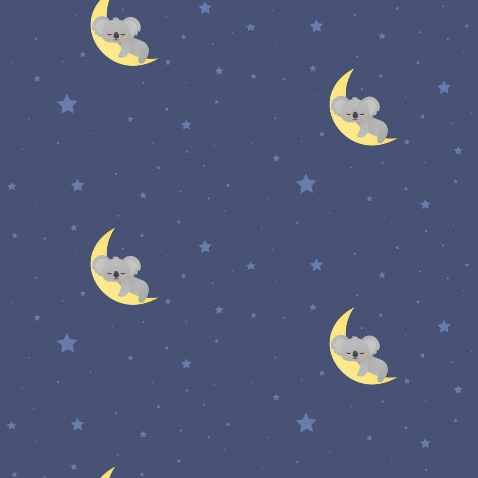 Little koala sleeping on the moon around stars childish pattern for textile,print, wrapping paper, baby shower vector illustration