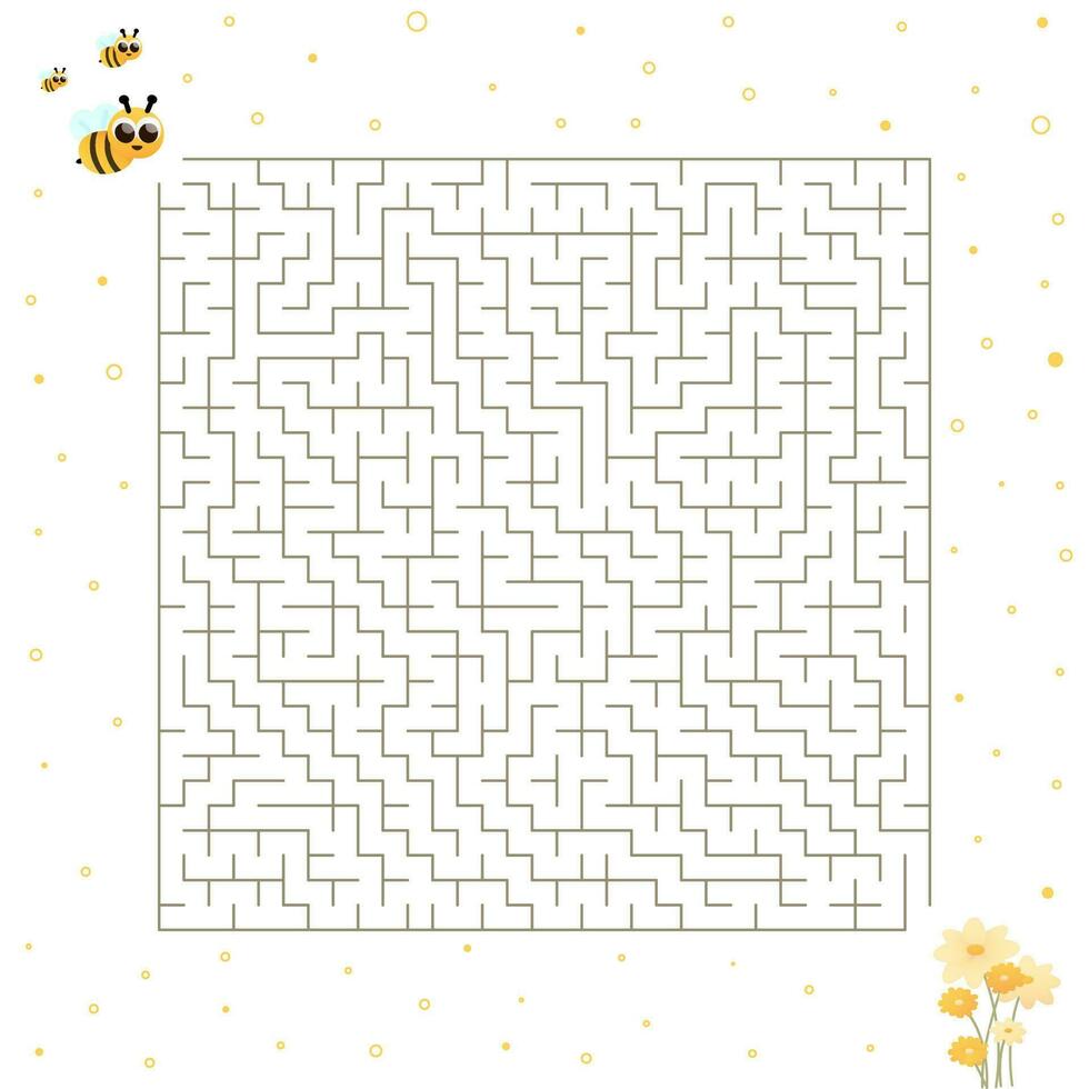 Children riddle with cute bee character and flowers, help to find right way, maze or labyrinth for books in cartoon style on light background vector