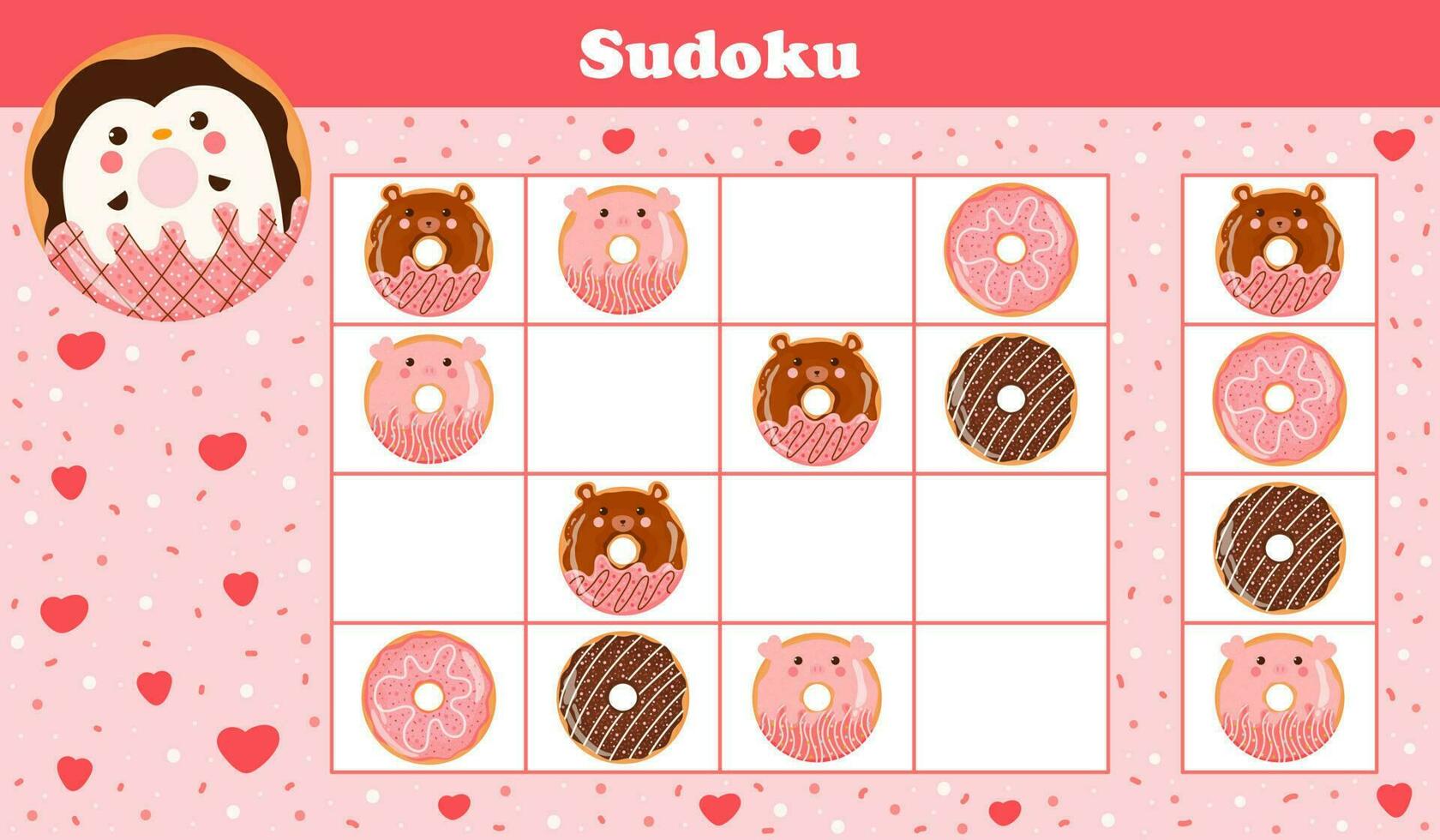 Printable sudoku worksheet for kids with cute animal donuts with penguin, pig and bear, puzzle for children book in cartoon style vector