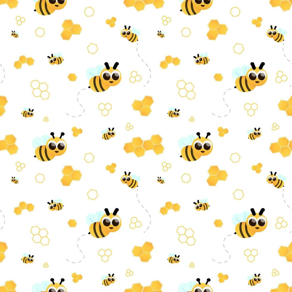 infantil amarillo sin costura modelo con dibujos animados personaje abeja y Miel, ilustración para niños tela, bebé ducha o fondo de pantalla, envase papel vector