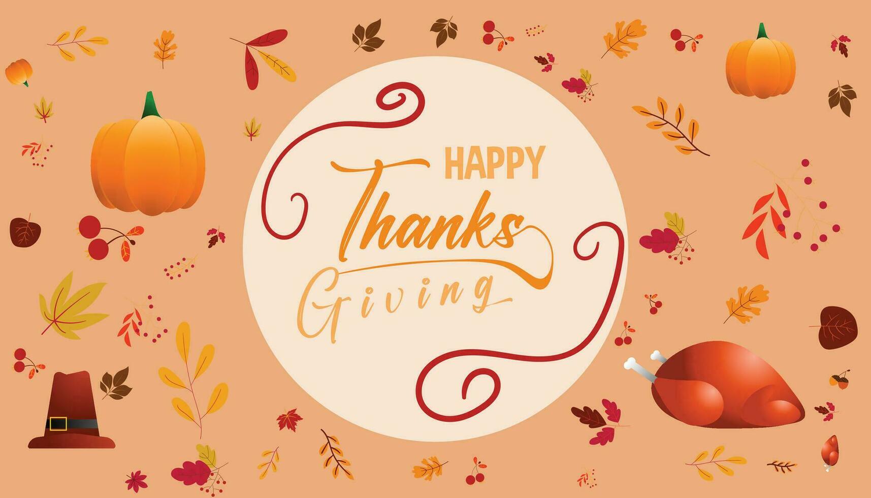 Thanksgiving Day greeting card, flyer, banner, poster templates. pumpkin, roast turkey and pilgrim's hat, autumn leaves, and calligraphy inscription. Thanksgiving day vector collection.