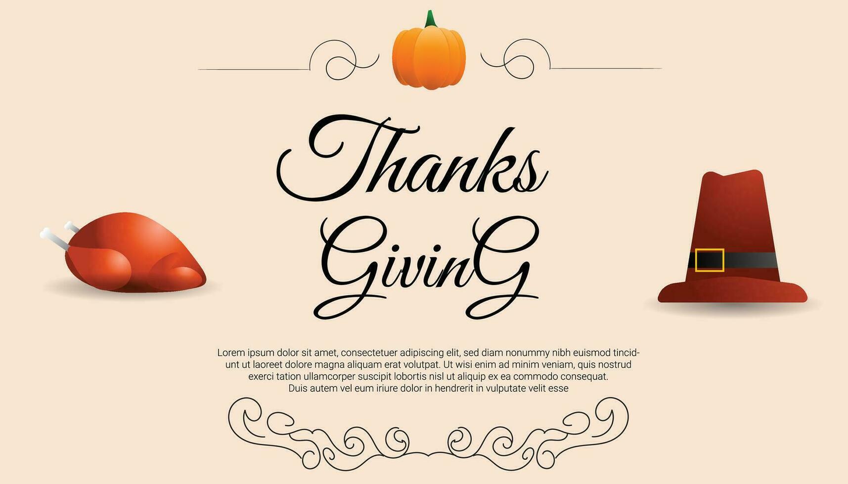 Thanksgiving Day greeting card, flyer, banner, poster templates. pumpkin, roast turkey and pilgrim's hat, autumn leaves, and calligraphy inscription. Thanksgiving day vector collection.