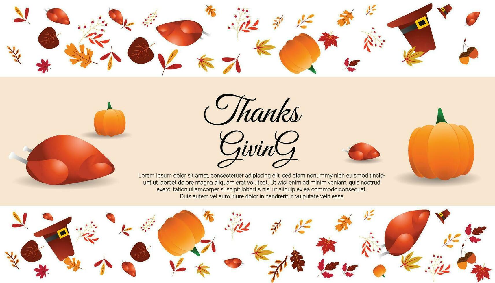 Thanksgiving Day greeting card, flyer, banner, poster templates. pumpkin, roast turkey and pilgrim's hat, autumn leaves, and calligraphy inscription. Thanksgiving day vector collection.