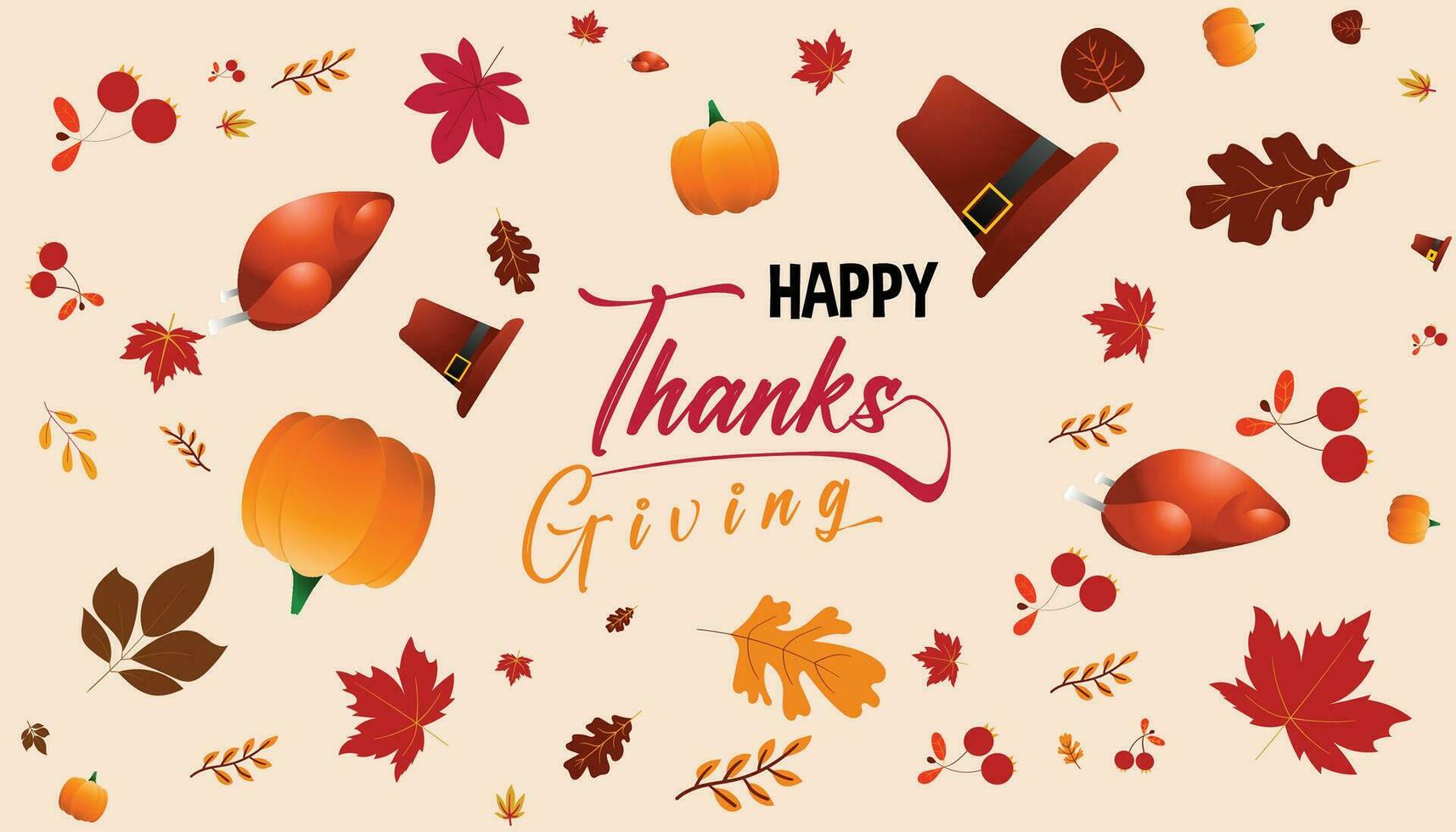 Thanksgiving Day greeting card, flyer, banner, poster templates. pumpkin, roast turkey and pilgrim's hat, autumn leaves, and calligraphy inscription. Thanksgiving day vector collection.