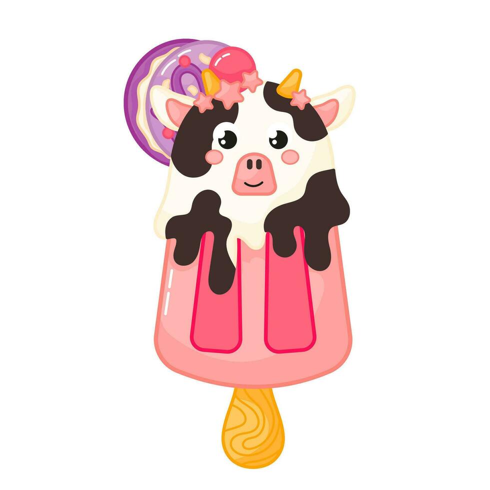 Tasty kawaii cow shaped ice cream on stick with macaroon cookie cartoon for summer vector